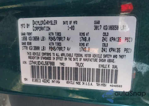 2003 Dodge Ram 1500 Slt/Laramie/St из США, поврежденный, VIN 1D7HA18D43J587868